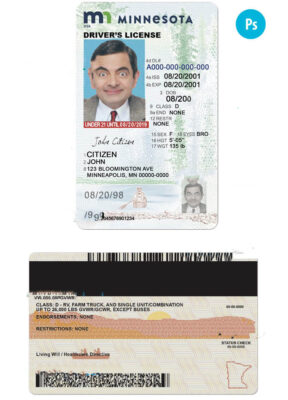 USA Minnesota state vertical driving license editable PSD template, under 21