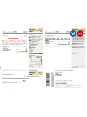 USA Mississippi Power utility bill, Word and PDF template, 2 pages