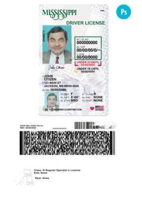 USA Mississippi state vertical driving license editable PSD template, under 21