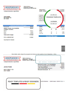 USA Missouri Independence Utilities utility bill template in Word and PDF format, version 2