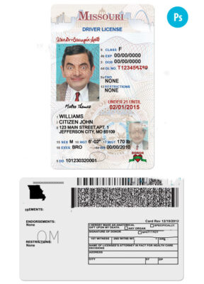 USA Missouri state vertical driving license editable PSD template, under 21