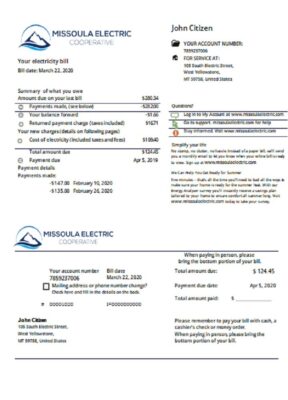 USA Montana Missoula Electric Cooperative electricity utility bill template in Word and PDF format