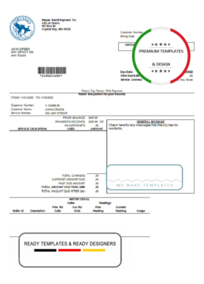 USA Nevada Orono The Lakehore City utility bill template in Word and PDF format