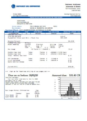 USA Nevada Southwest gas Corporation utility bill template in Word and PDF format