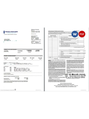 USA Nevada State Bank business checking statement, Word and PDF template, 4 pages