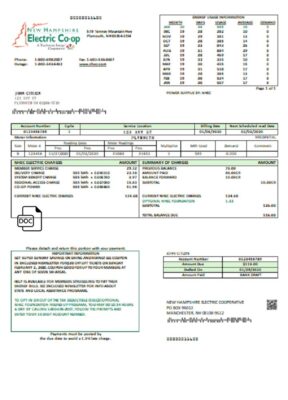 USA New Hampshire Electric Co-op electricity utility bill template in Word and PDF format