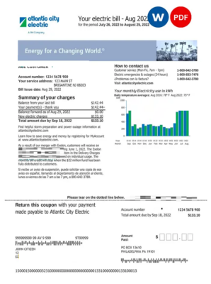 USA New Jersey Atlantic City electric utility bill, Word and PDF template, 3 pages