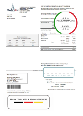 USA New Jersey The Borough of Madison utility bill template in Word and PDF format