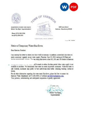 USA New Jersey Town of Harrison utility water shut off notice, Word and PDF template