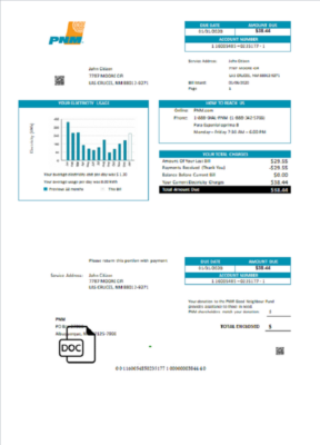 USA New Mexico PNM easy fillable utility bill template in Word and PDF format (.doc and .pdf)