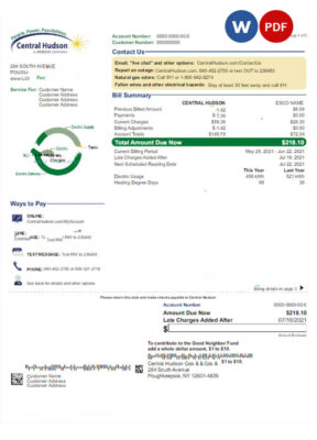 USA NEW YORK CENTRAL HUDSON utility bill Word and PDF template