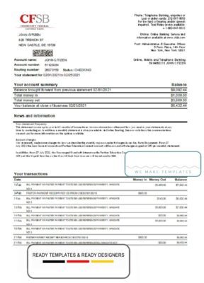 USA New York CFSB bank statement template in Excel and PDF format