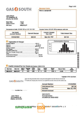 USA New York Gas South utility bill template in Word and PDF format