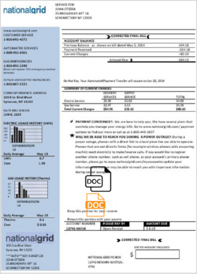 USA New York National Grid utility bill template in Word and PDF format