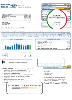 USA North Carolina Brunswick Electric utility bill template in Word and PDF format