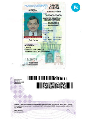 USA North Carolina state vertical driving license editable PSD template, under 21