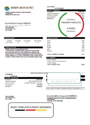 USA North Carolina Woodfin Sanitary Water & Sewer District utility bill template in Word and PDF format