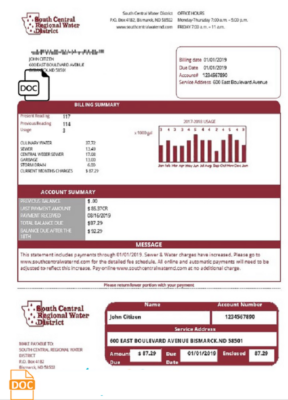 USA North Dakota South Central Regional Water District utility bill template in Word and PDF format