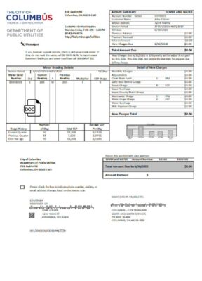 USA Ohio City of Columbus utility bill template in Word and PDF format