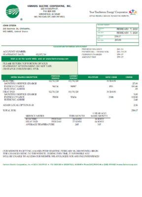 USA Ohio Farmer’s Electric Cooperative utility bill template in Word an PDF format