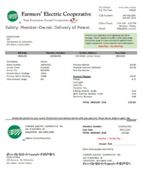 USA Ohio Farmers Electric Cooperative utility bill template in Word and PDF format (version 2)