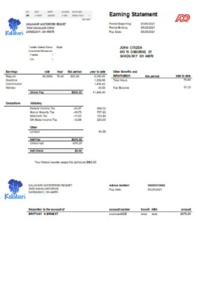 USA Ohio Kalahari Waterpark Resort utility bill template in Word and PDF format