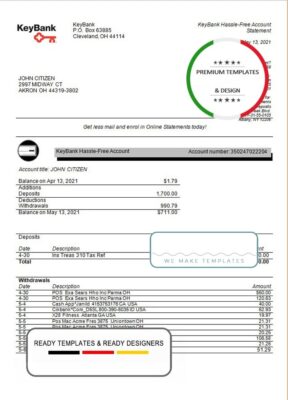 USA Ohio KeyBank bank statement template in Excel and PDF format