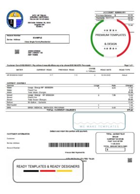 USA Oklahoma City of Tulsa utility bill template in Word and PDF format