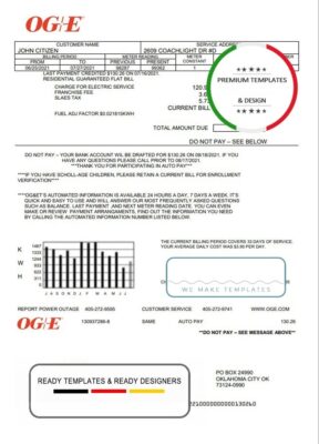 USA Oklahoma OGE Energy utility bill template in Word and PDF