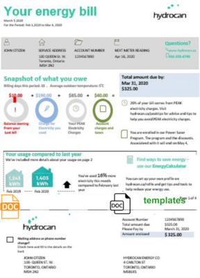 USA Ontario Hydrocan electricity utility bill template in Word and PDF format