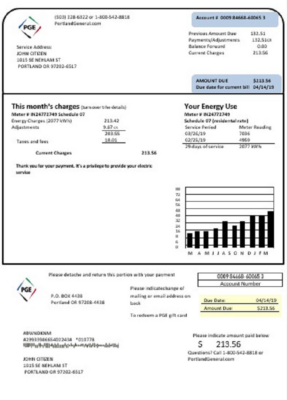 USA Oregon PGE electricity utility bill template in Word and PDF format