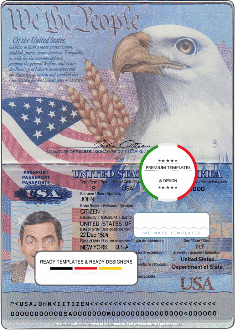 USA passport template in PSD format, fully editable, with all fonts ...