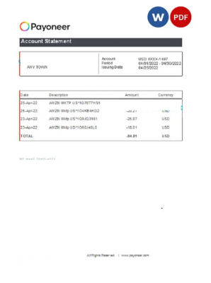 USA Payoneer account statement Excel and PDF template