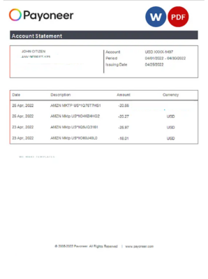 USA Payoneer account statement Word and PDF template