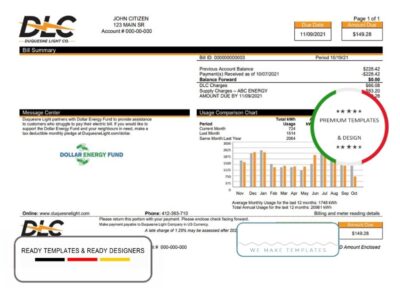 USA Pennsylvania Duquesne Light Company (DLC) utility bill template in Word and PDF format