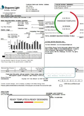 USA Pennsylvania Duquesne Light Company utility bill template in Word and PDF format