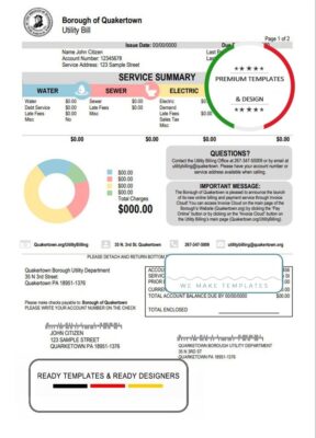 USA Pennsylvania Quakertown Borough utility bill template in Word and PDF format