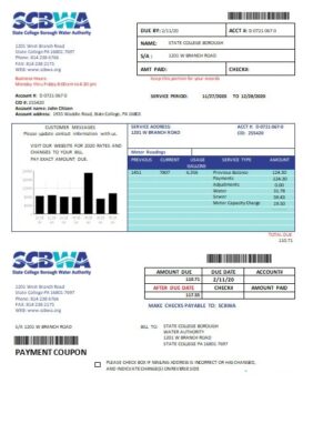 USA Pennsylvania SCBWA water utility bill template in Word and PDF format