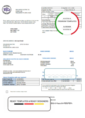 USA Pennsylvania Wellsboro Electric utility bill template in Word and PDF format