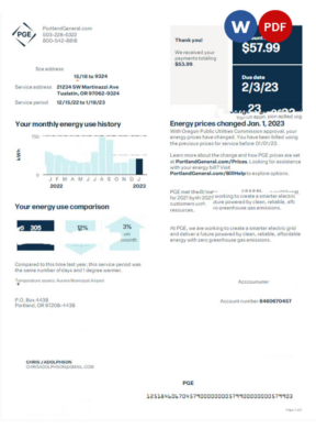 USA PGE utility bill Word and PDF template