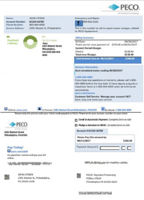 USA Philadelphia PECO electricity utility bill template in Word and PDF format