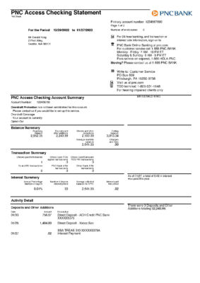 USA PNC Bank Account Statement Template in Word & PDF formats – 2 pages