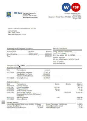 USA RBC bank statement Word and PDF template, version 2