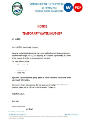 USA Rhode Island Smithfield water supply board water shut off notice, Word and PDF template