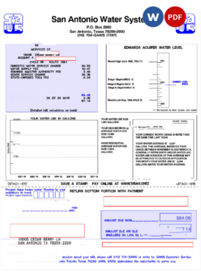 USA SAN ANTONIO WATER SYSTEM utility bill Word and PDF template