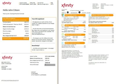 USA San Francisco Xfinity Comcast utility bill template in Word and PDF format (2 pages)