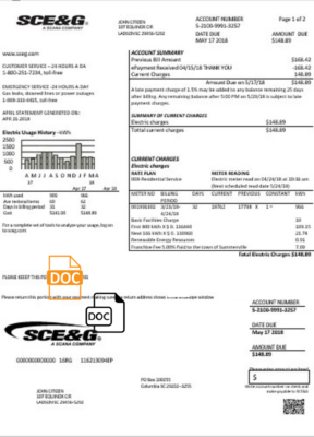 USA South Carolina SCE&G electricity utility bill template in Word and PDF format