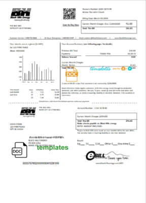 USA South Dakota Black Hills Energy utility bill template in Word and PDF format