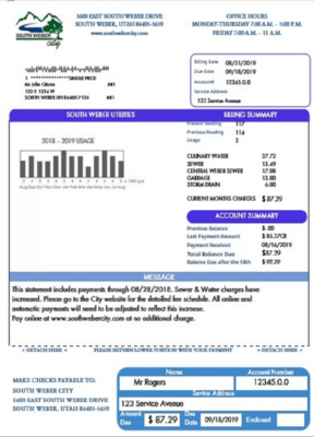 USA South Weber City Utah water utility bill template in Word and PDF format