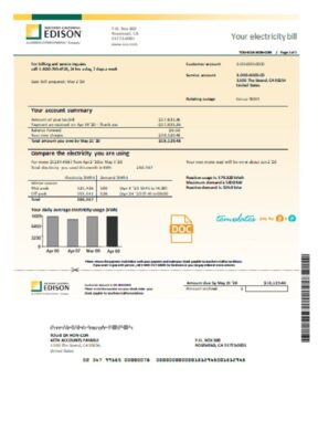 USA Southern California Edison utility bill template in Word and PDF format